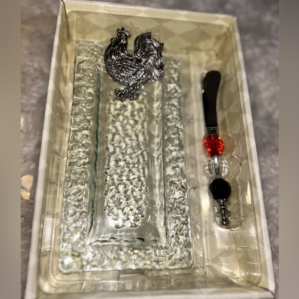 50%offw❤️ Cypress Home Bubble Glass Tidbit Plate With Spreader Silver Rooster